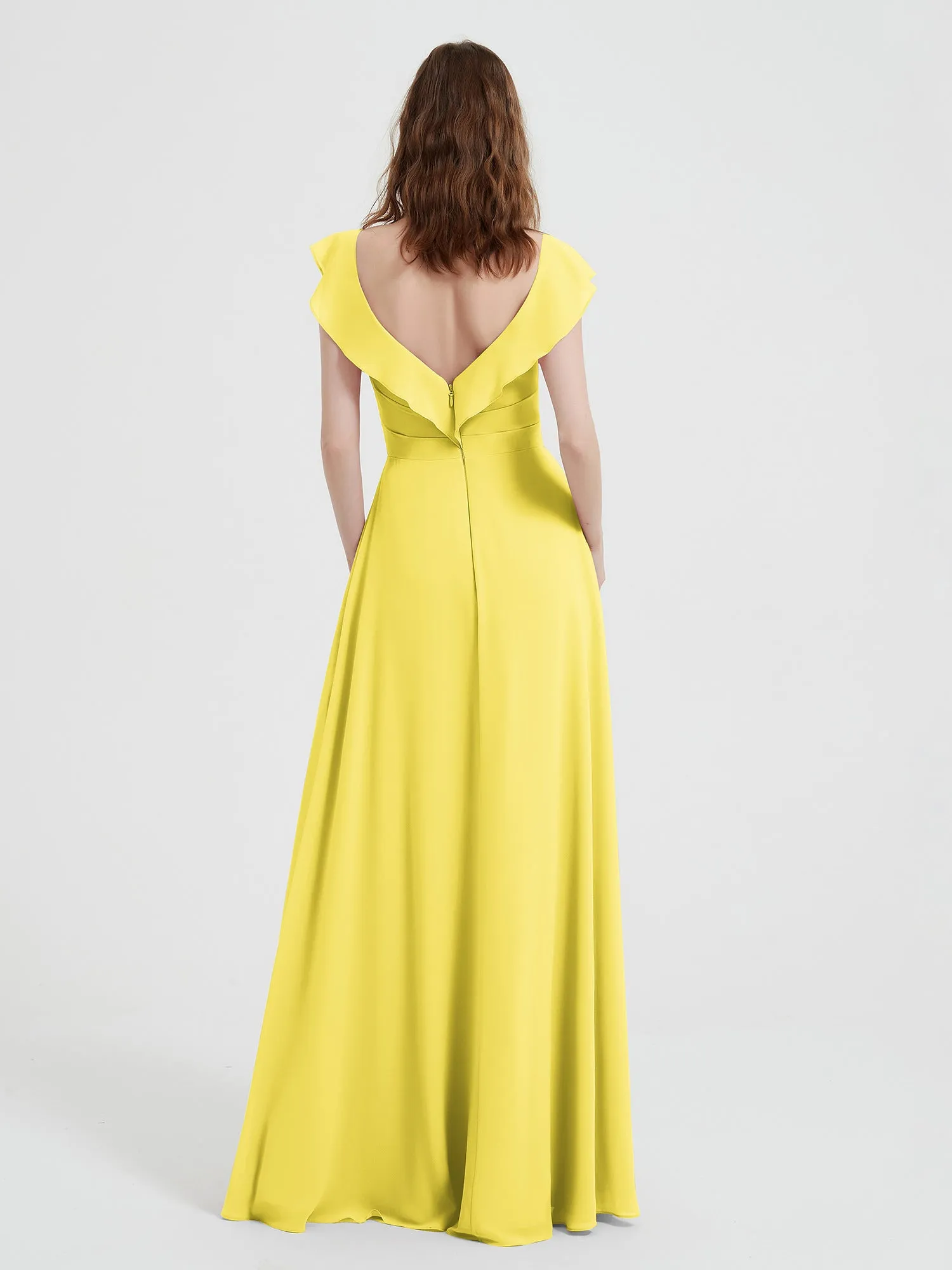 A-line Flutter Sleeves Chiffon Pleated Dress Lemon Plus Size