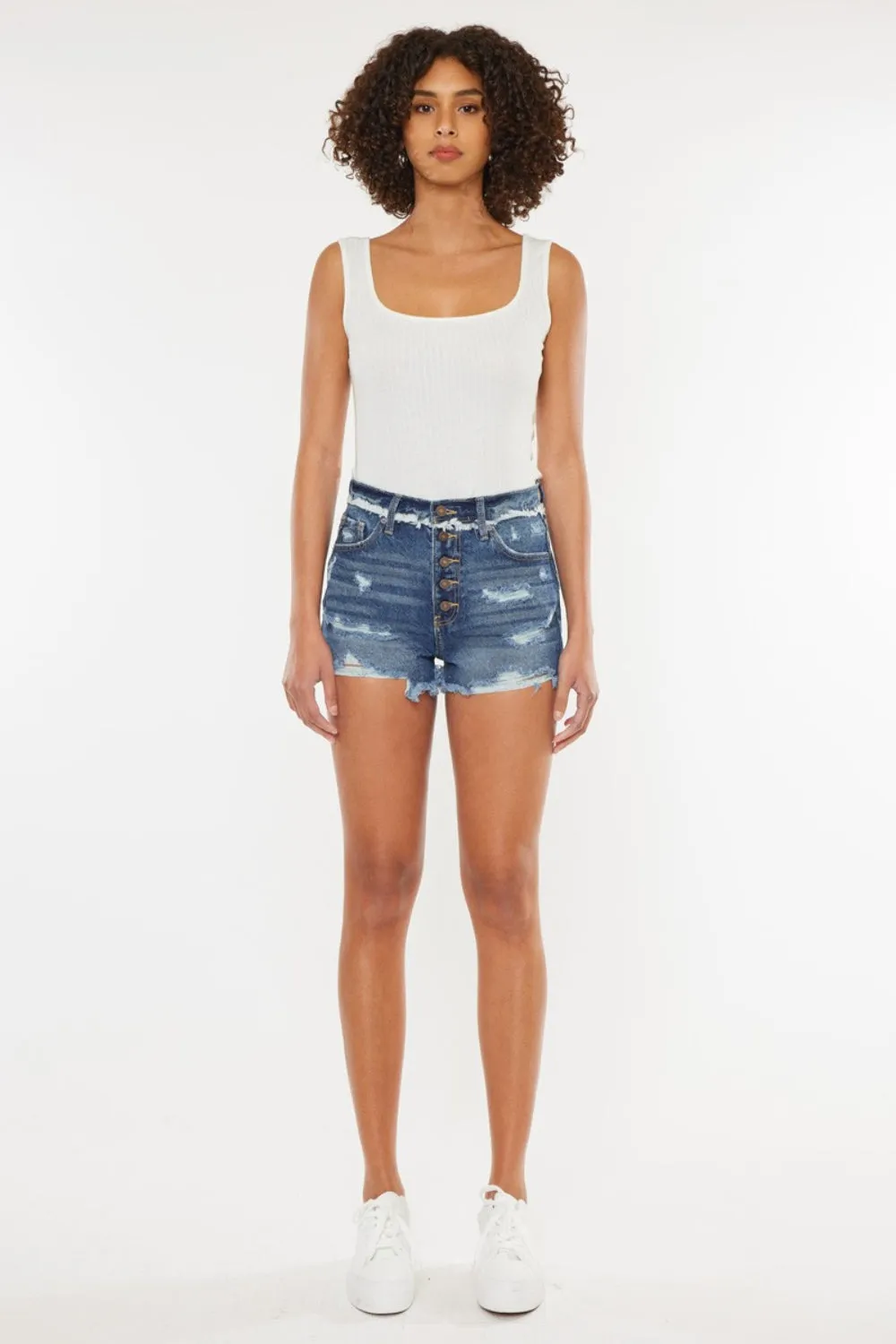Distressed Dark Wash Button Fly Blue Denim Shorts