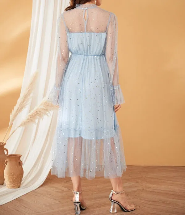 Frilled Neck Bell Sleeve Star Mesh Overlay Dress