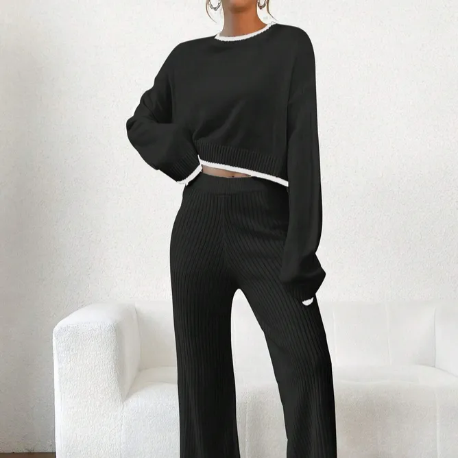 Knitted Contrast Sweater and Pants Set