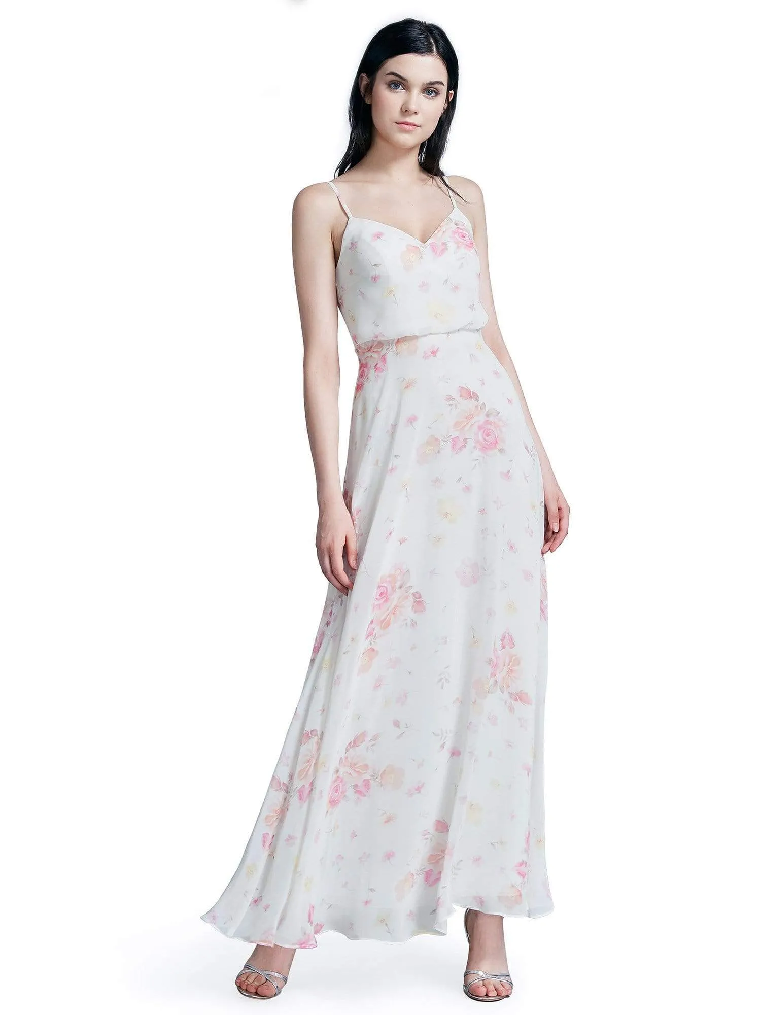 Long Floral Print Blouson Bodice Dress