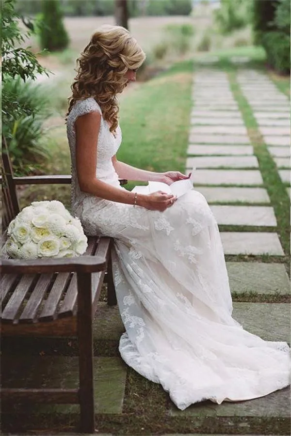 New Romantic Mermaid Cap Sleeves Lace V-neck Open-back Long Wedding Dress, WD0375