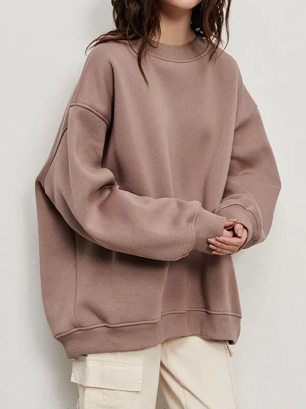 Solid Color Long Sleeves Loose Round-Neck Sweatshirt Tops