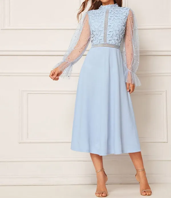 Star Mesh Bell Sleeve Guipure Lace Bodice Solid Dress